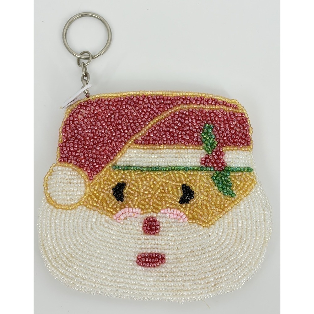 Fully Beaded Coin Purse Santa Claus Key Ring Chain‎ Pouch Christmas